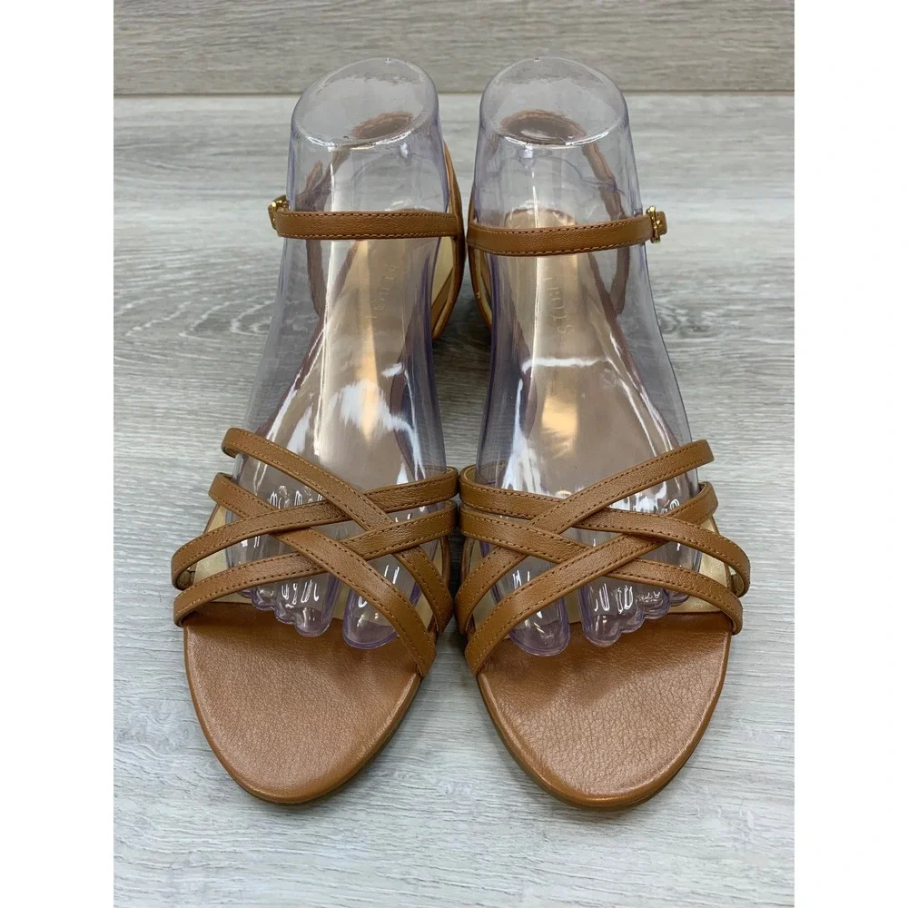 Talbots Women's 8 Cognac Brown Leather Strappy Low Wedge Ankle Strap Sandals